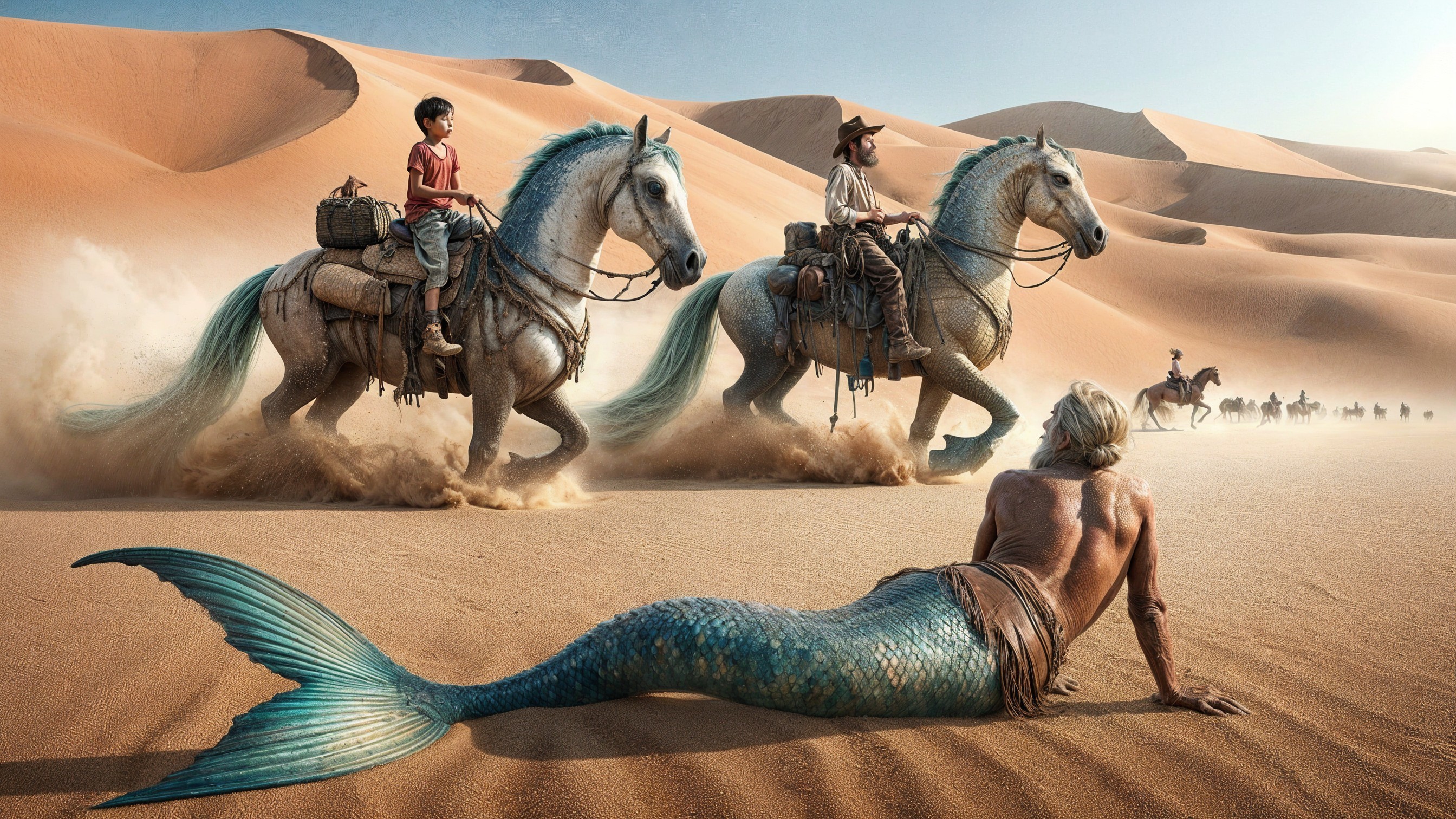 Surreal Desert Scene with Riders and a Mermaid