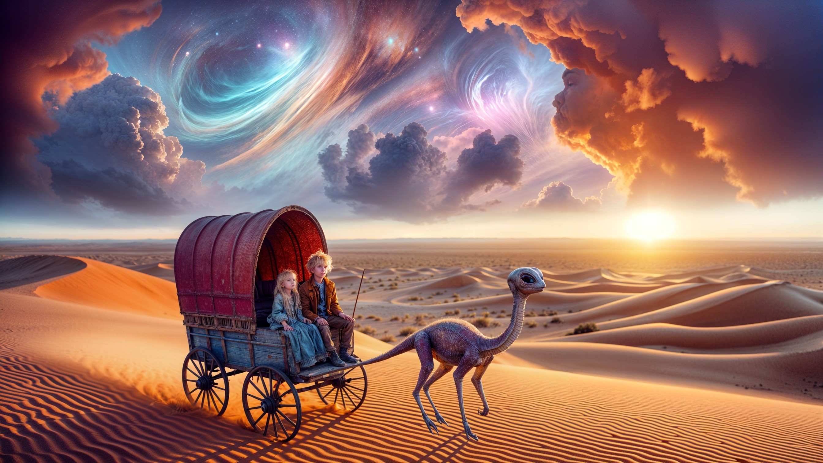 Children in a red wagon with a dinosaur in a desert