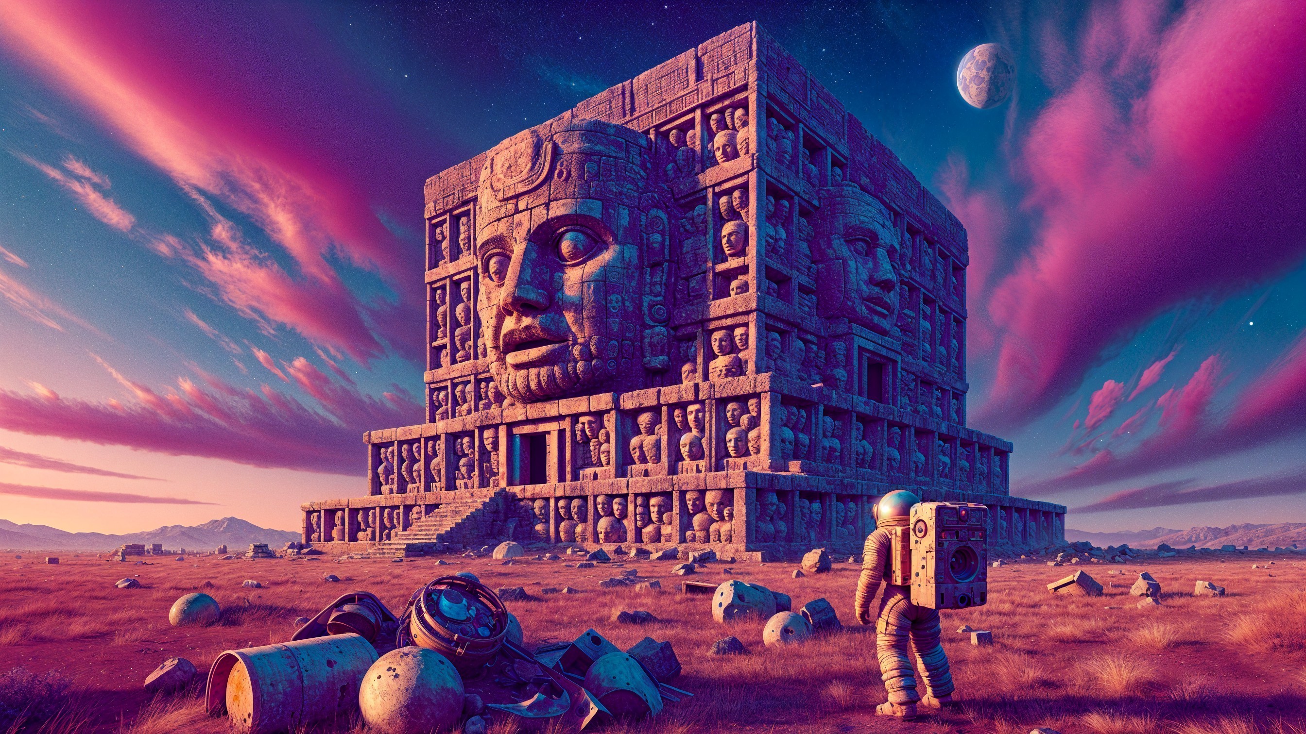 Ancient Monument with Astronaut in Otherworldly Setting