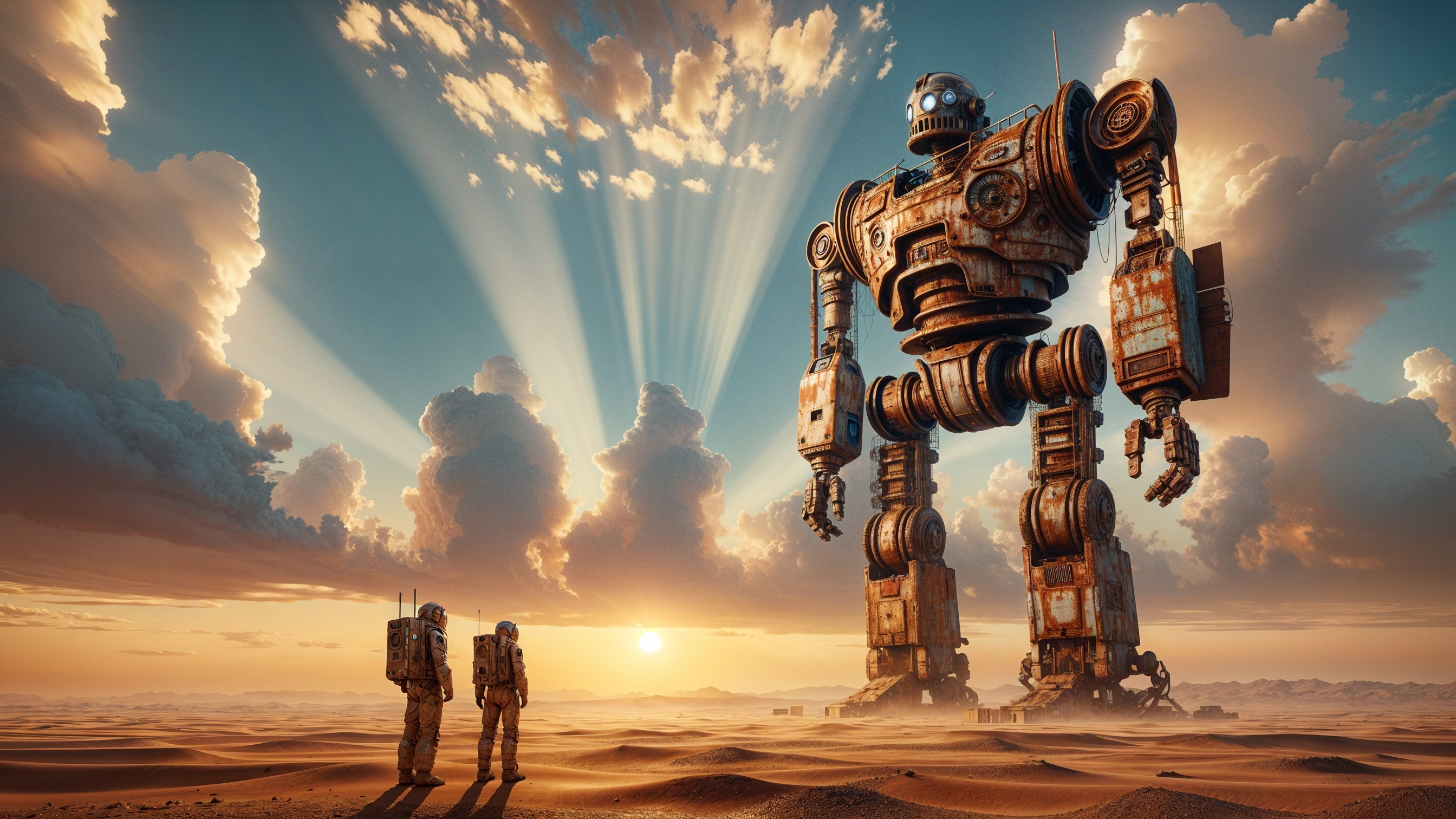 Astronauts and Robot in a Desert Landscape at Sunset