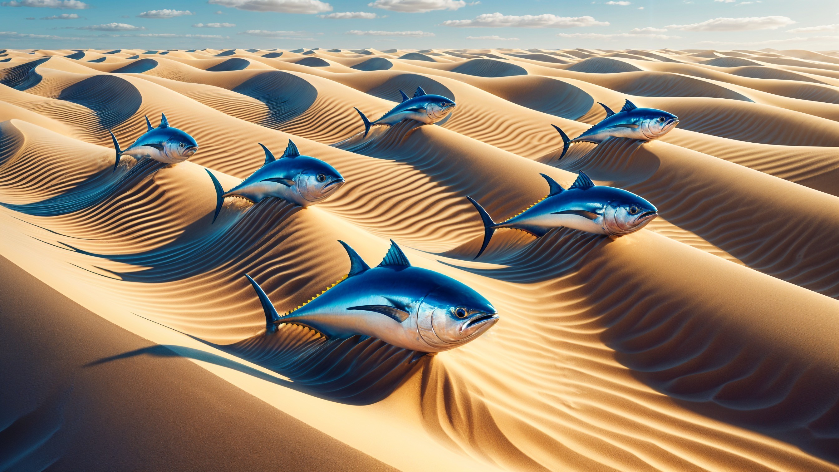 Surreal Scene of Blue Fish in Golden Sand Dunes