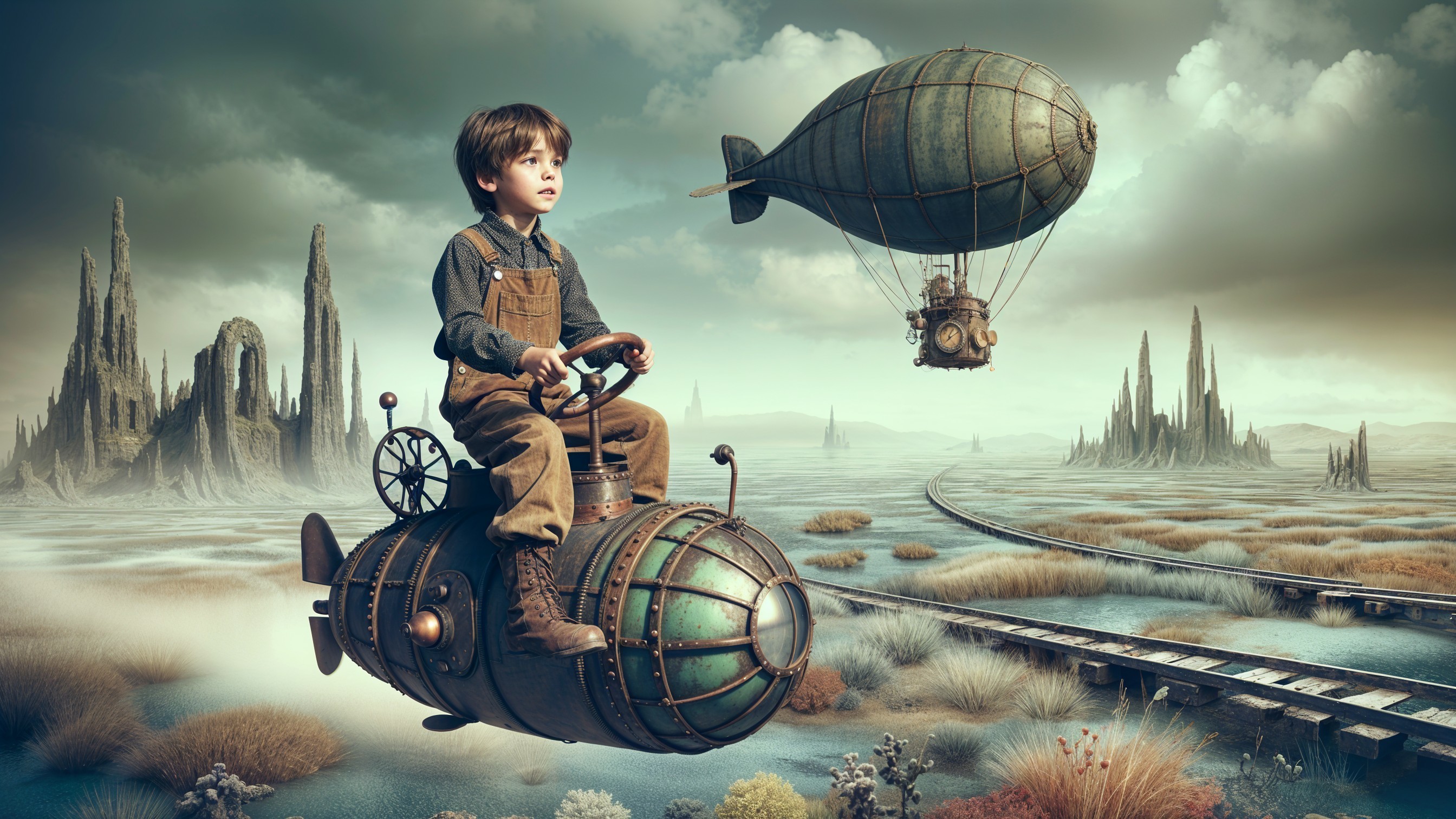 Young Boy in Steampunk Flying Machine Over Surreal Landscape
