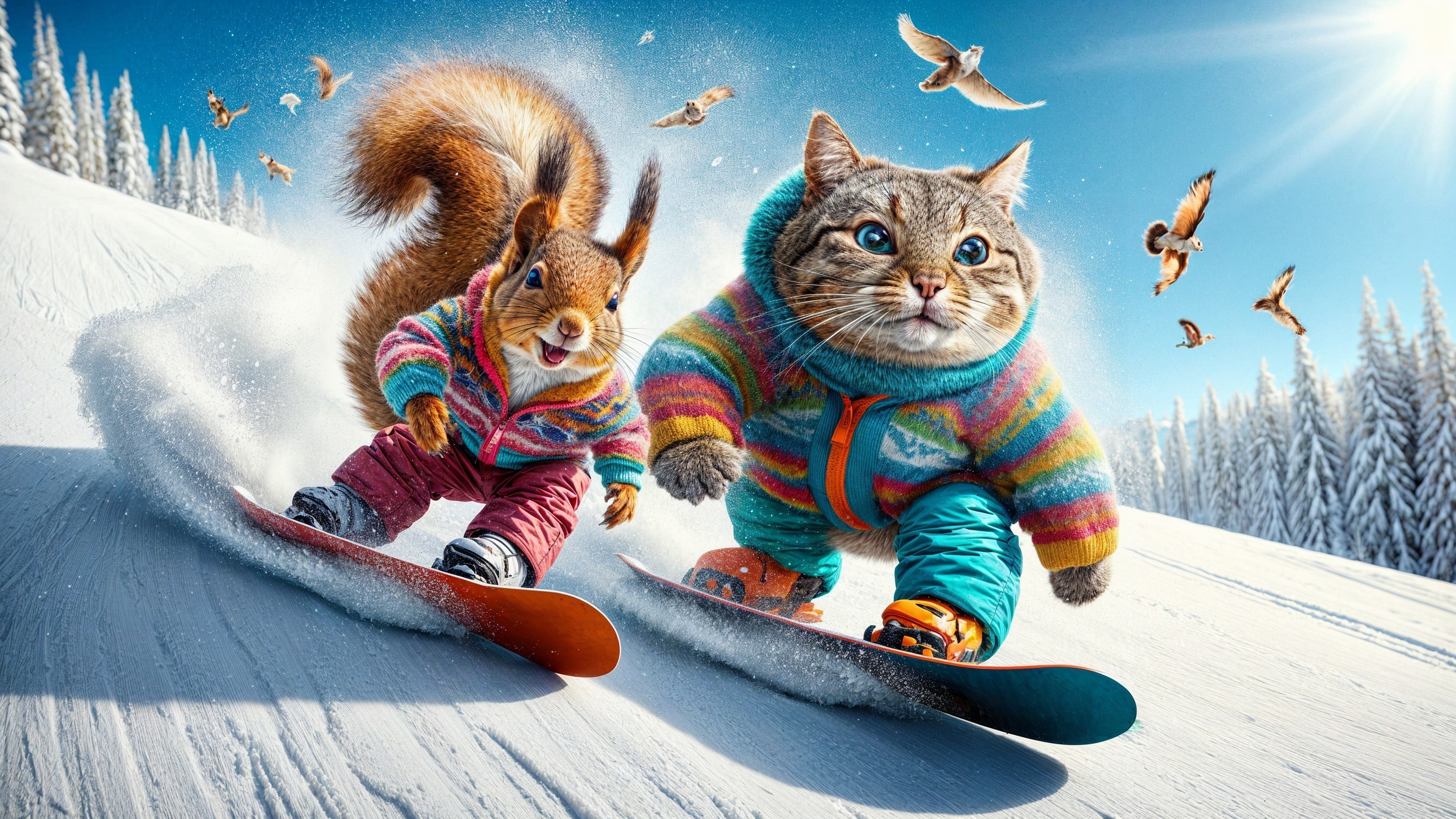 Squirrel and Cat Snowboarding in Colorful Sweaters