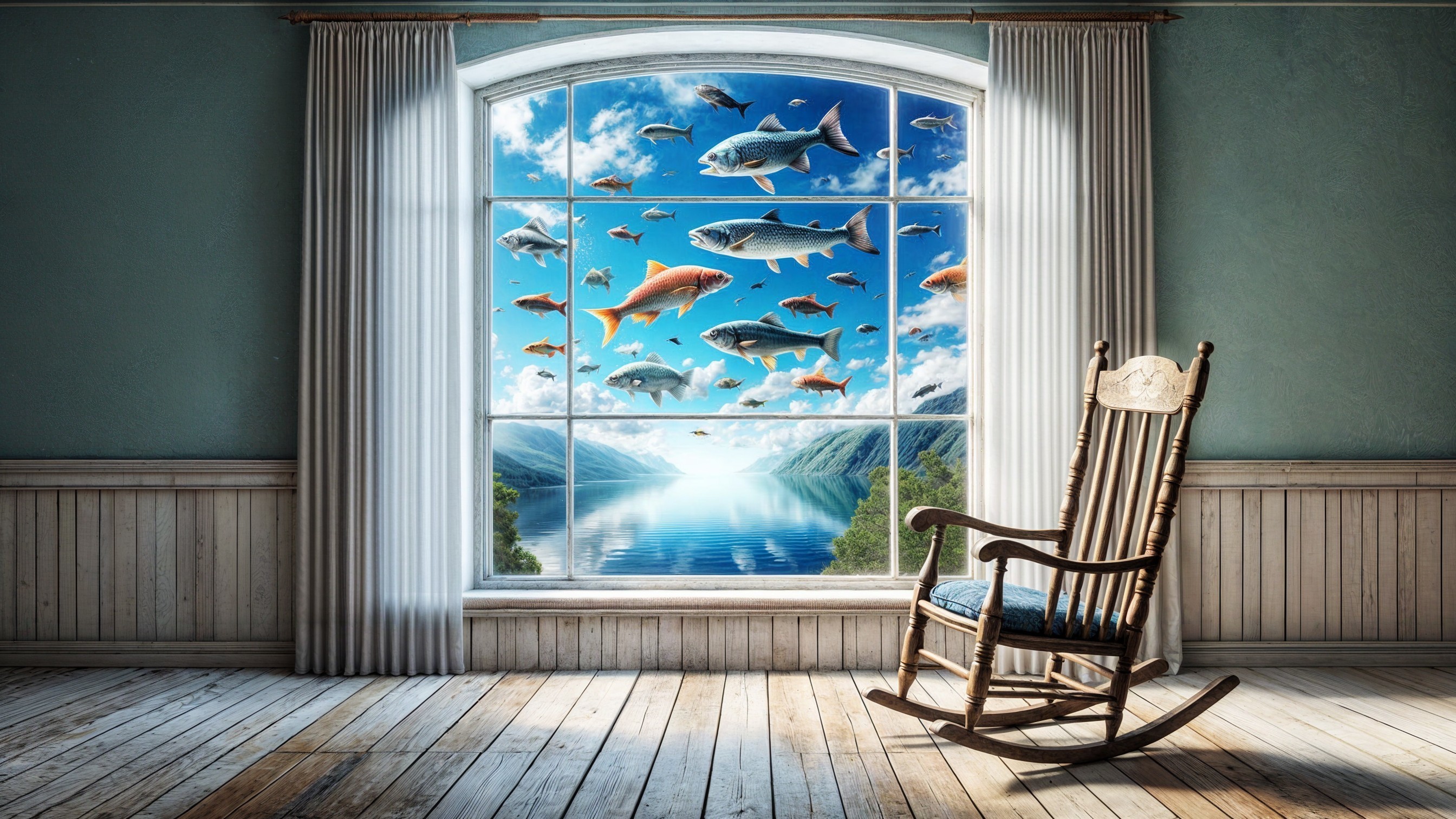 Indoor Scene with Rocking Chair and Underwater View
