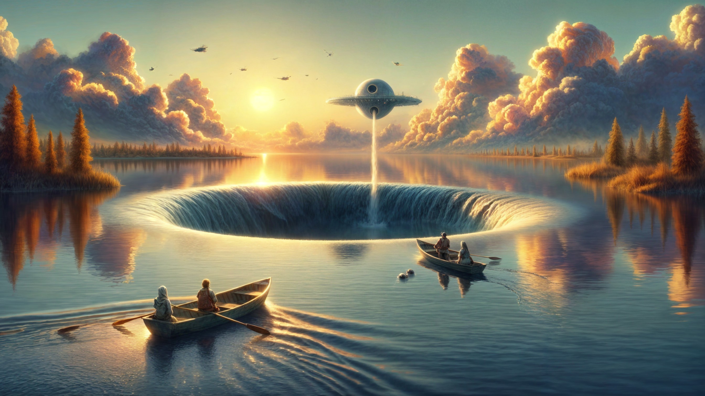 Serene Lake Sunset with UFO and Fishermen Boats