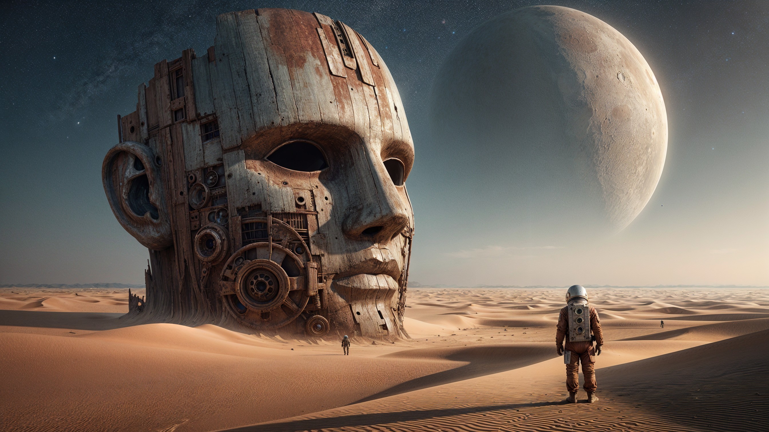 Colossal Robotic Head in Desert Landscape with Astronaut