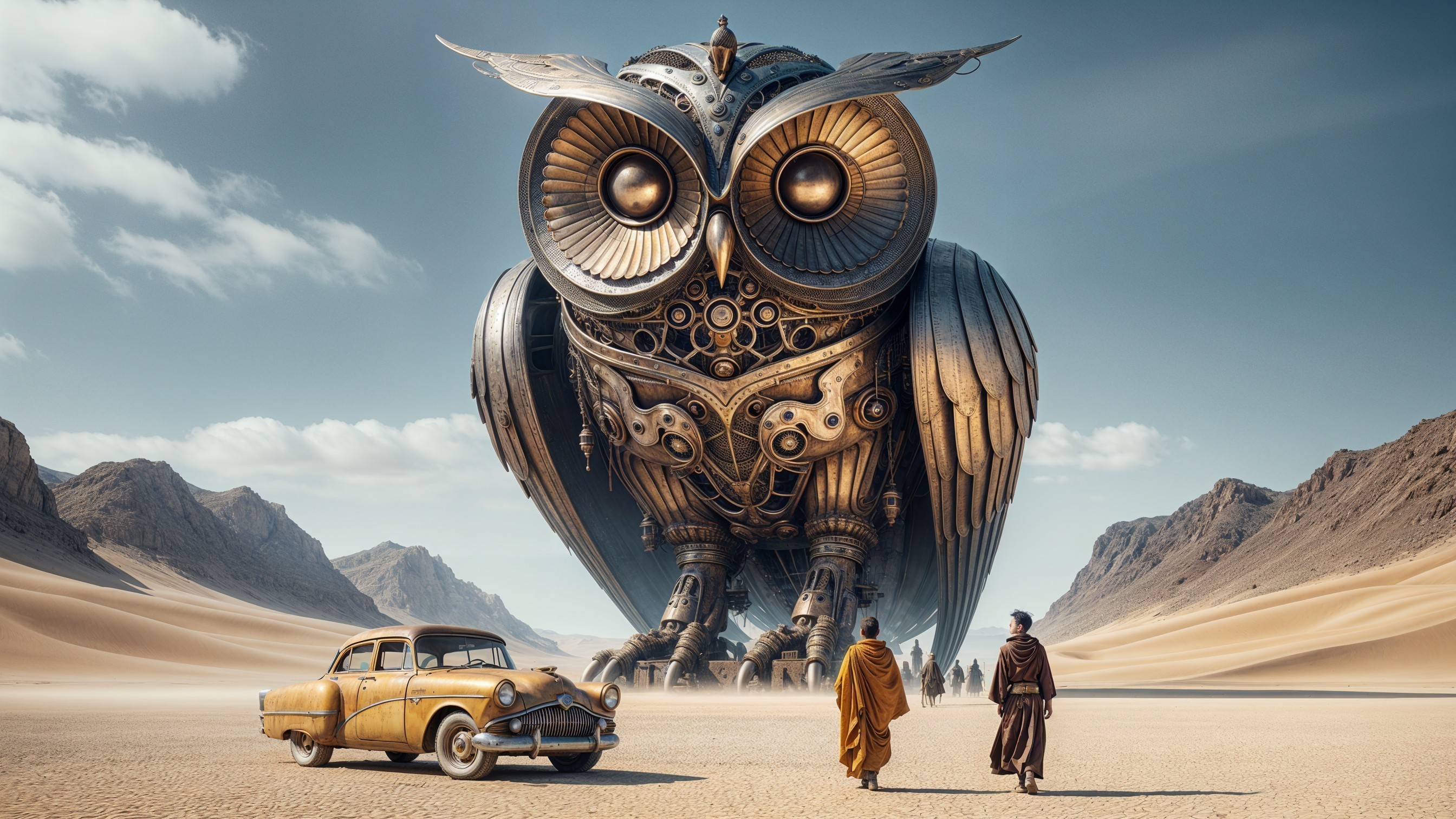 Desert Scene with Mechanical Owl and Abandoned Car
