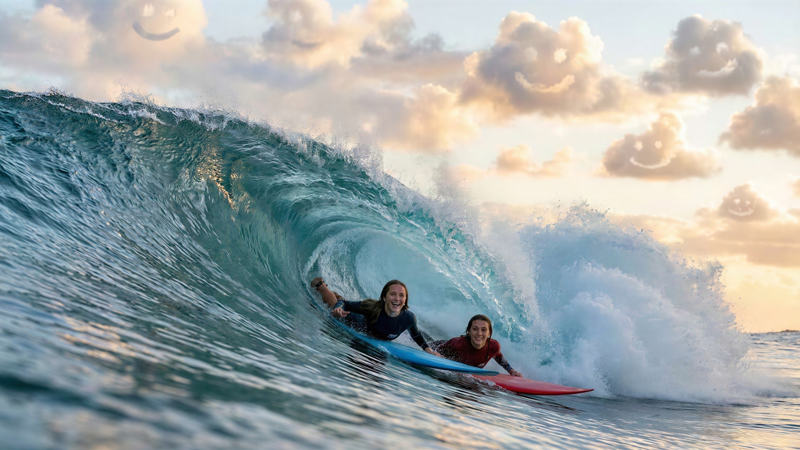 Happy Female Surfers Riding Turquoise Barrel Wave