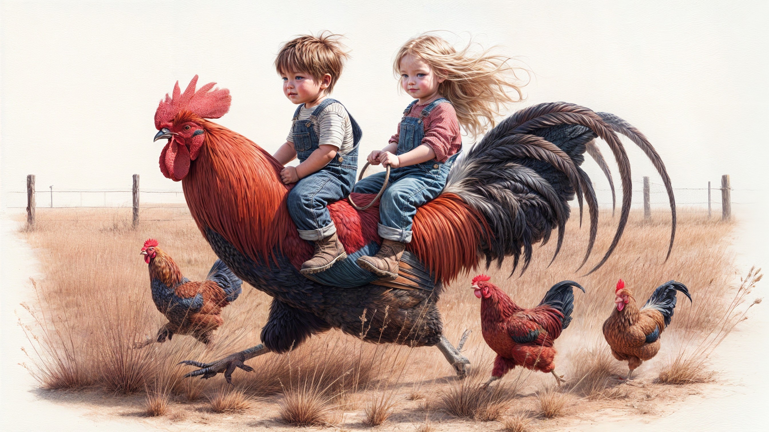 Children Riding a Colorful Rooster in a Sunny Landscape
