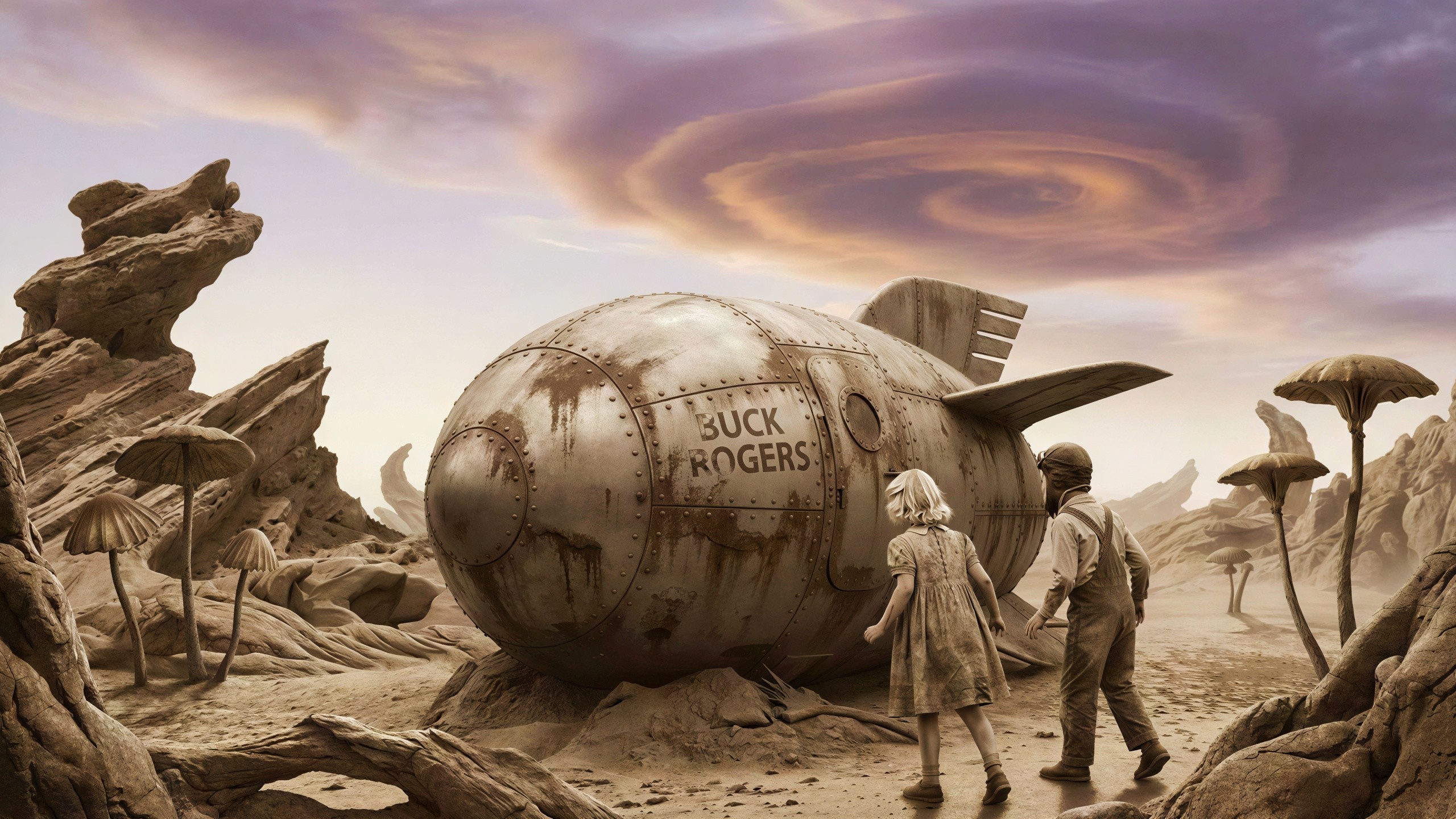 Children Observing Rusted Spaceship in Alien Landscape