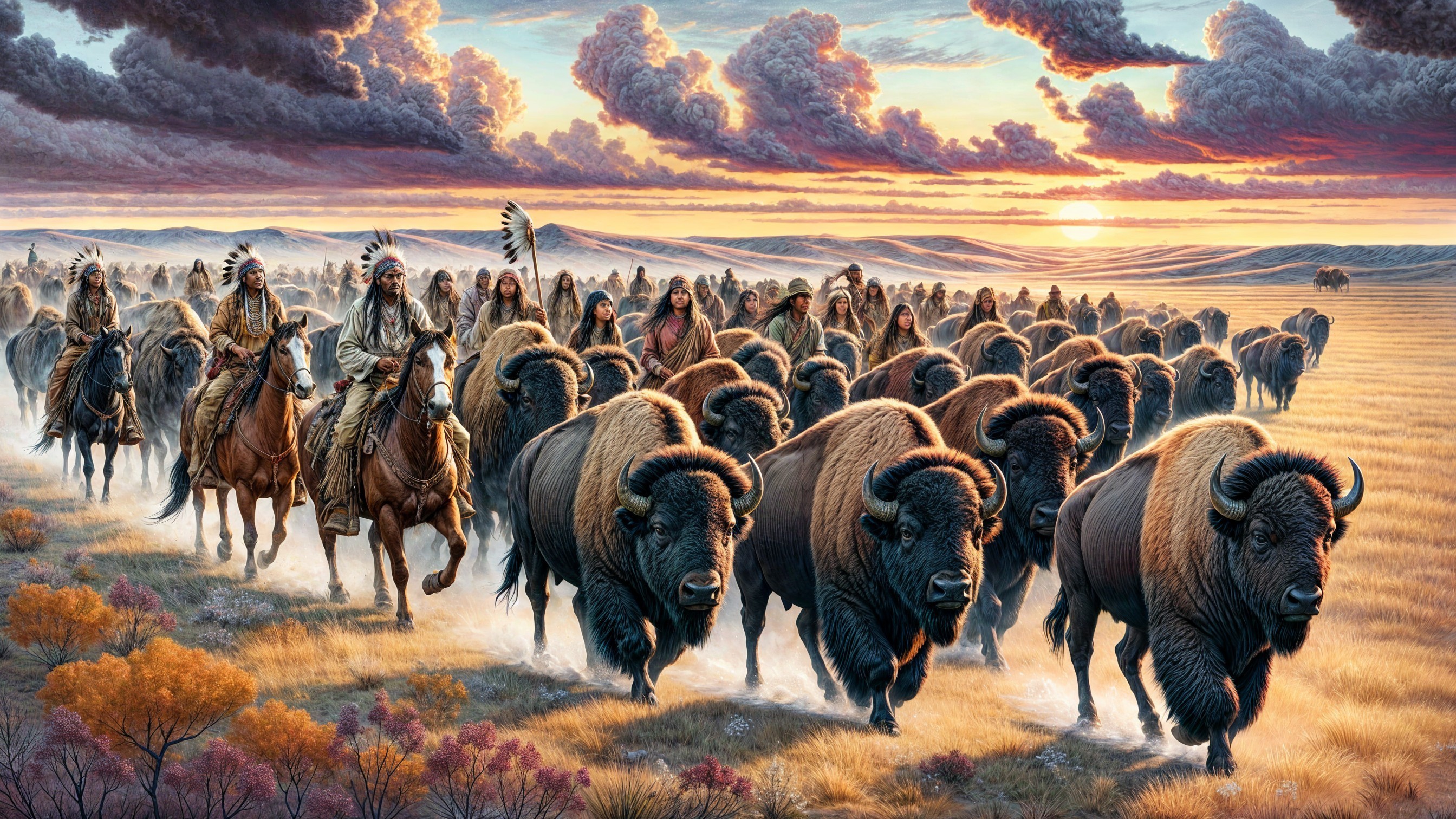 Native Americans on Horseback Herding Bison at Sunset