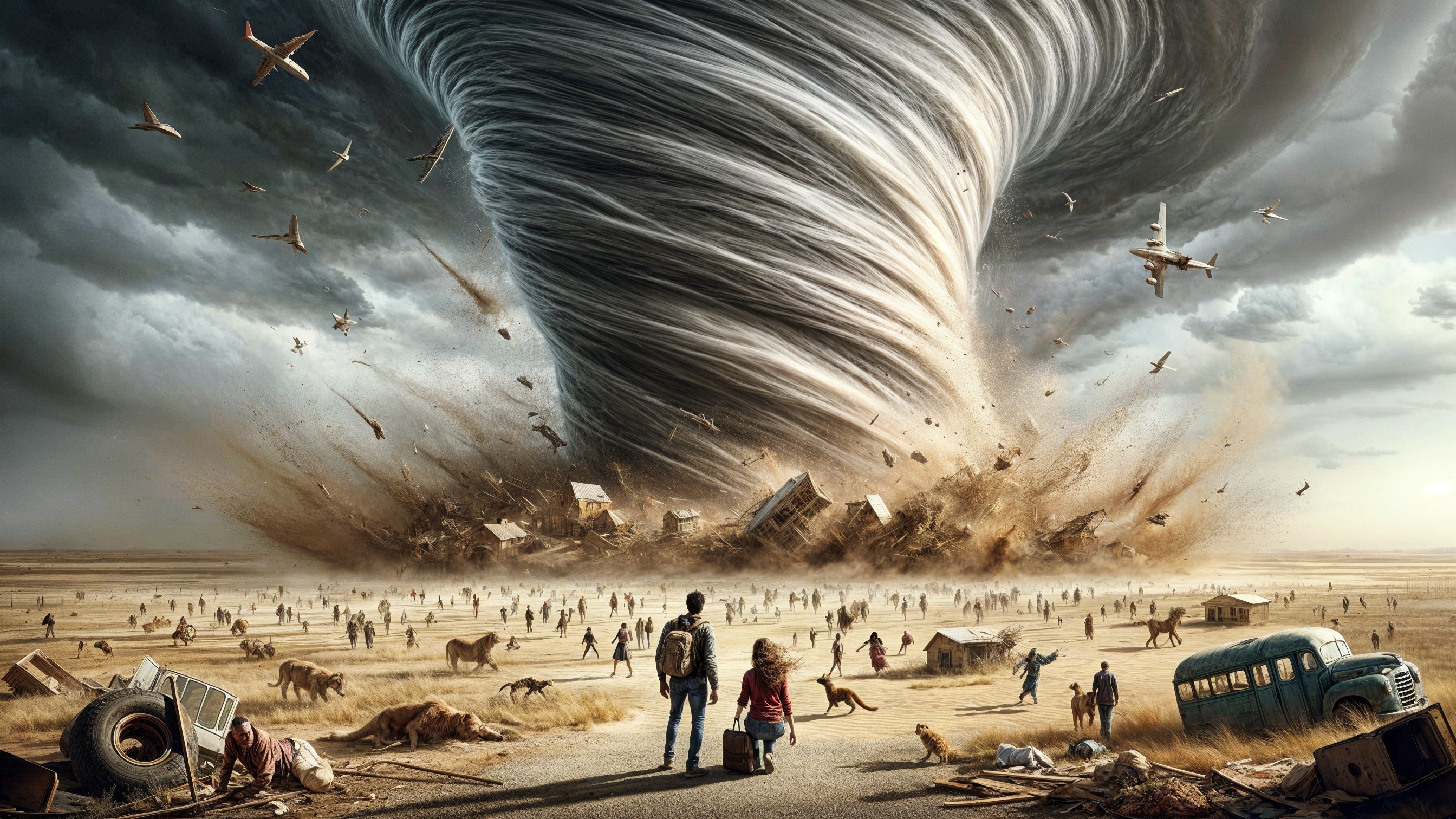 Tornado Scene with Figures Amidst Storm Chaos