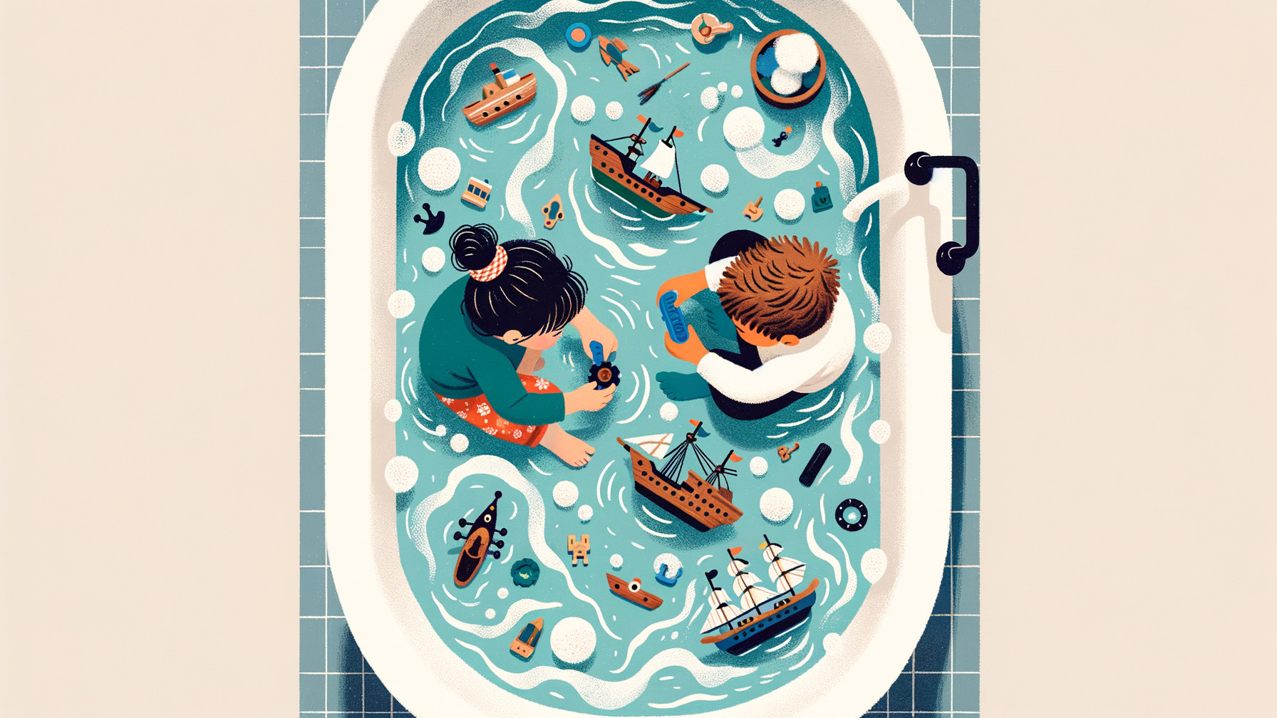 Children Playing in a Bathtub with Water Toys
