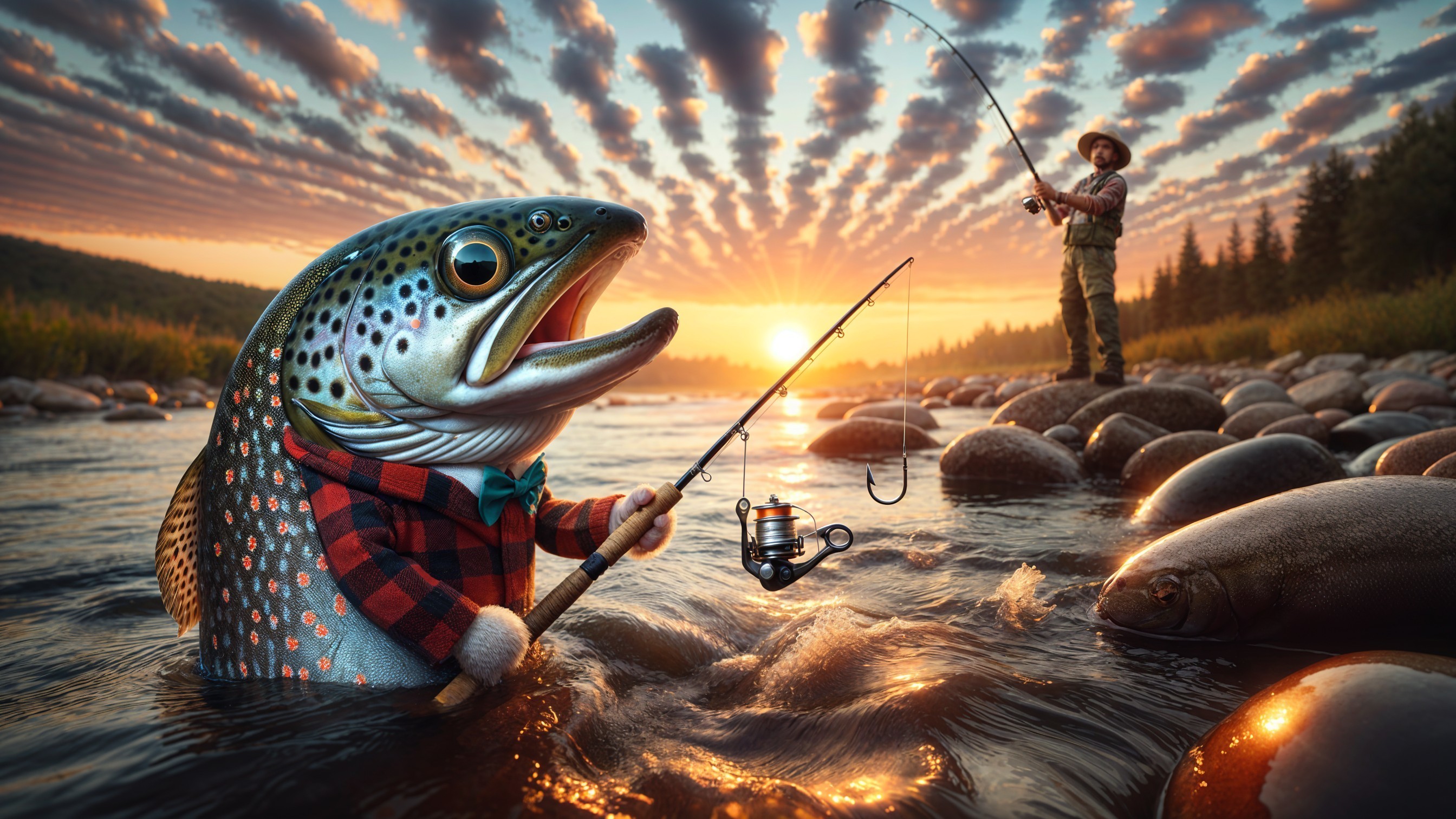 Animated Trout Fishing at Sunset by a River