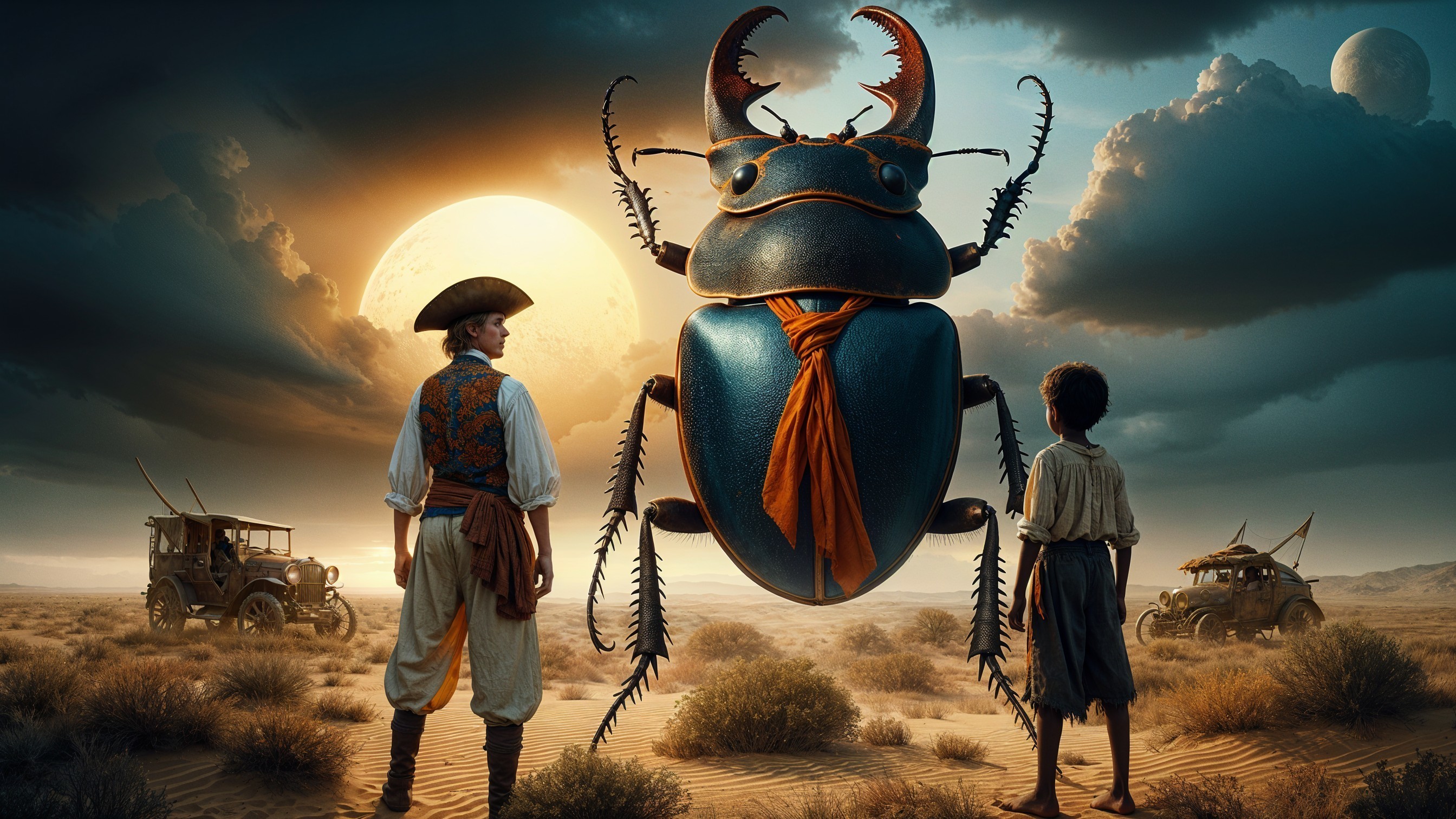 Surreal Desert Scene with Pirates and Giant Beetle