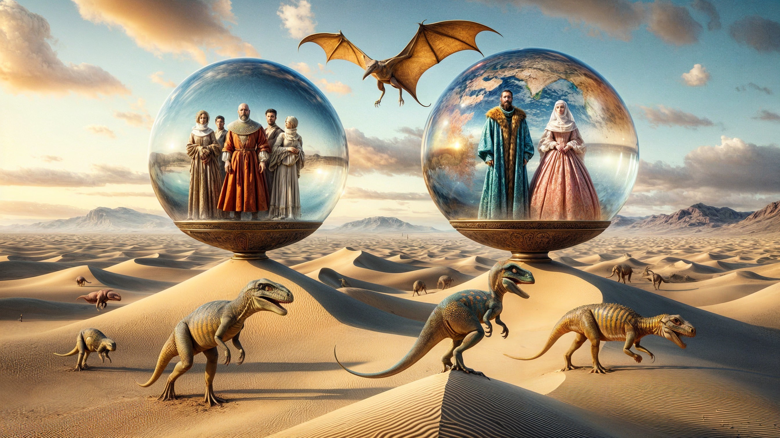 Surreal Desert Scene with Historical and Fantasy Elements