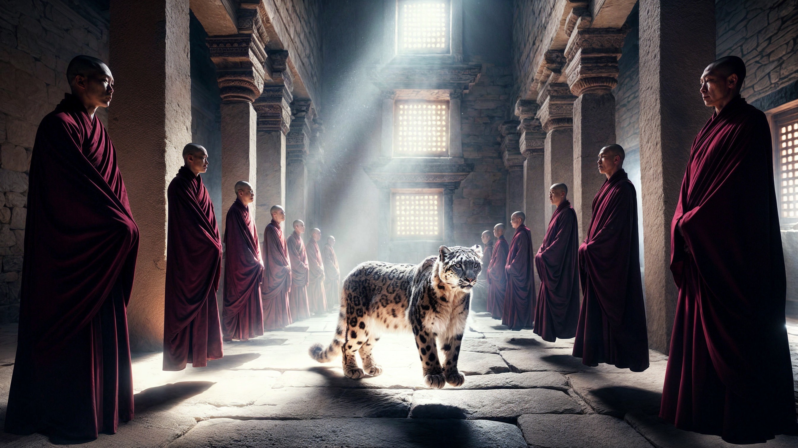 Snow Leopard in Ancient Temple with Monks in Robes