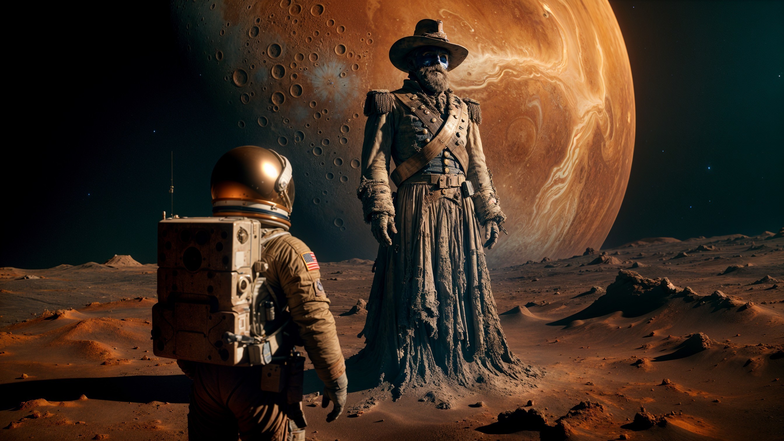 Astronaut and Cowboy Figure on Distant Planet Surface