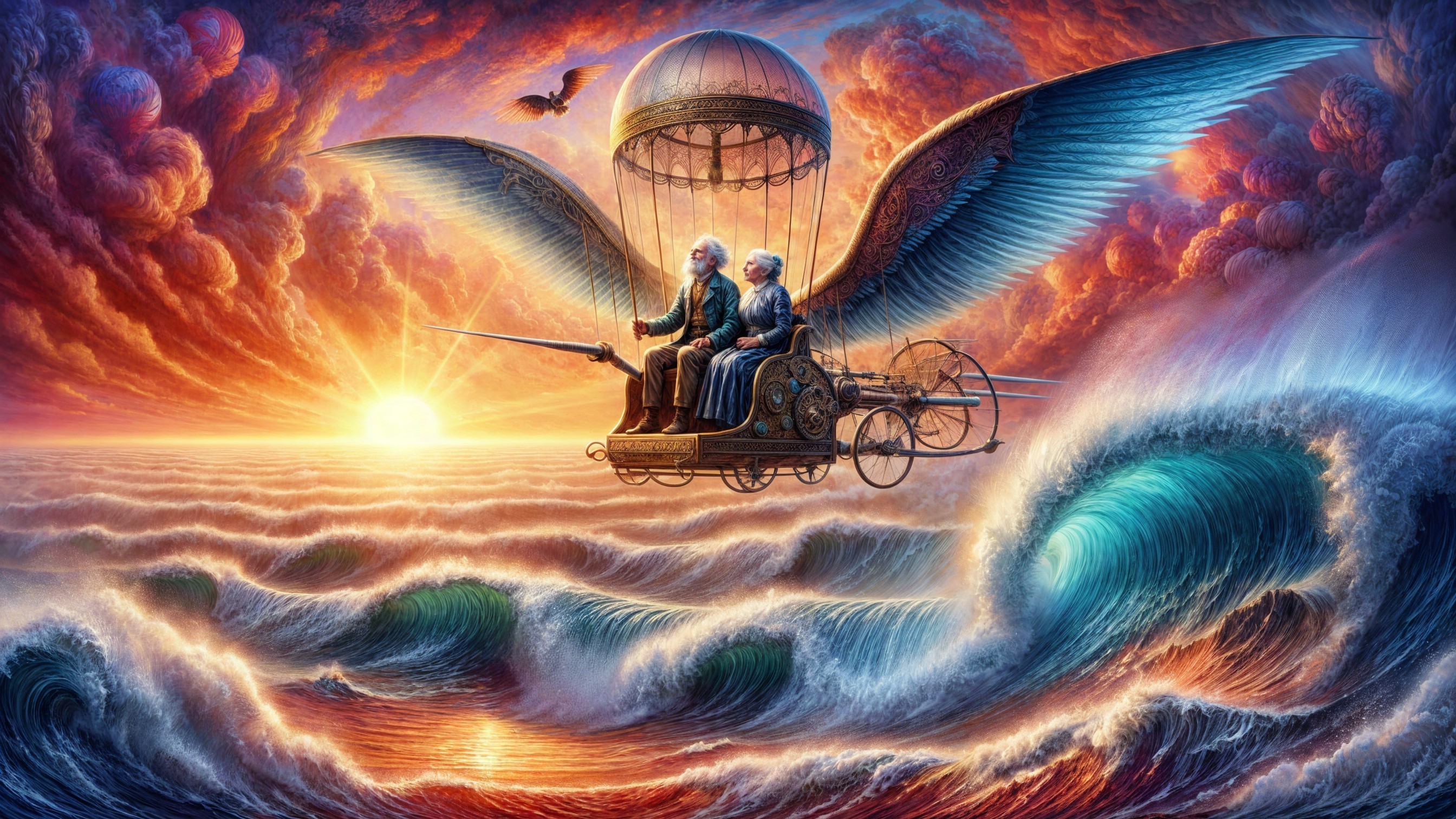Whimsical Airship Scene Over Ocean at Sunset