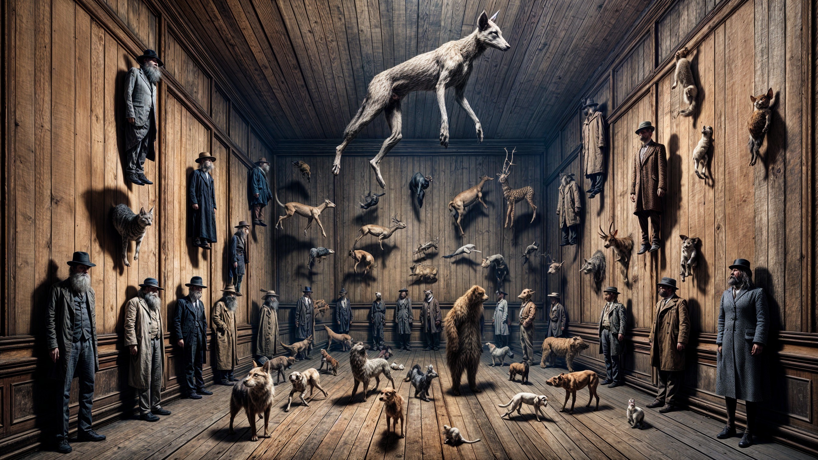 Surreal Scene with Taxidermied Animals in Wooden Room