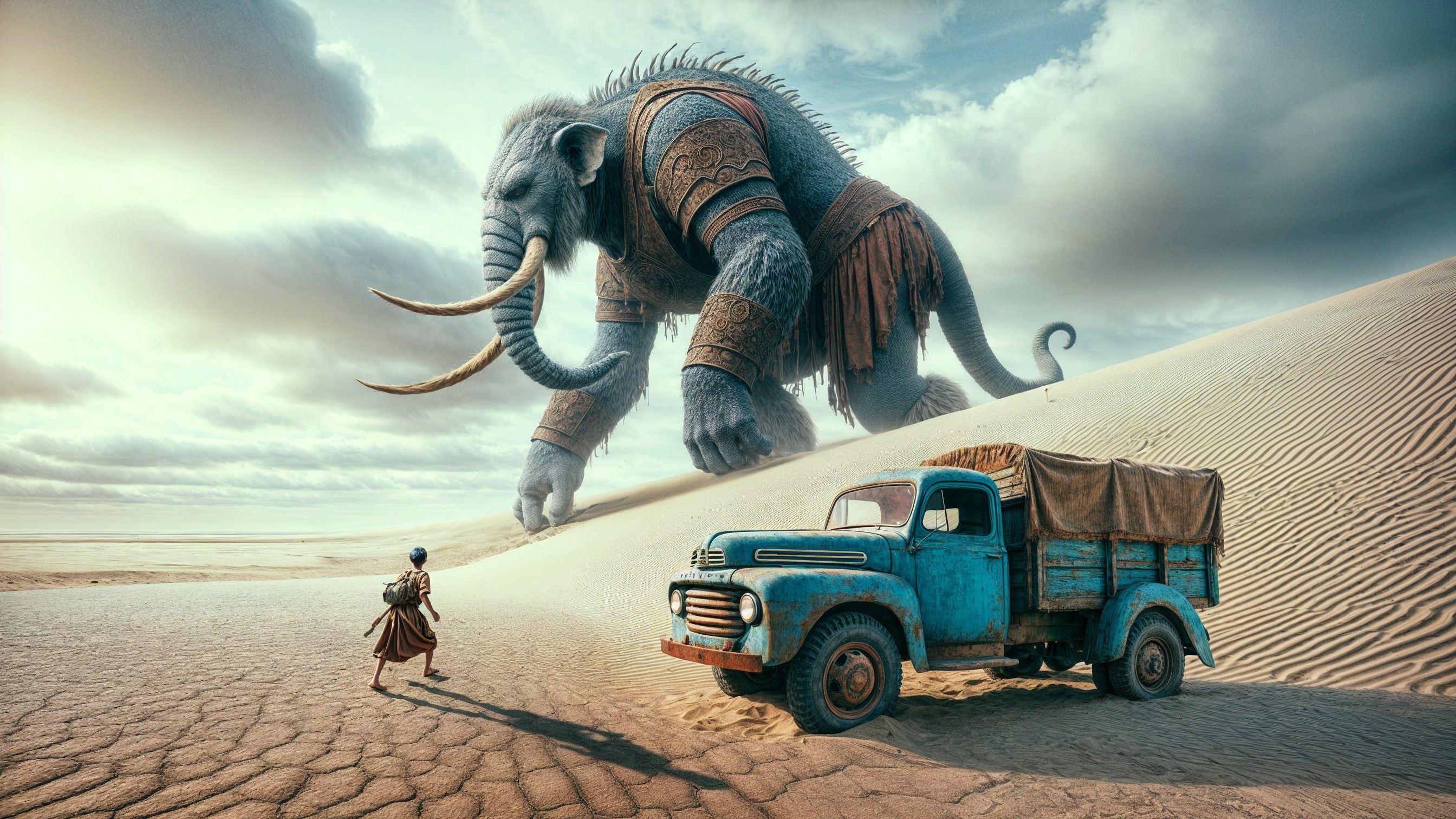 Surreal Desert Scene with Armored Elephant and Truck
