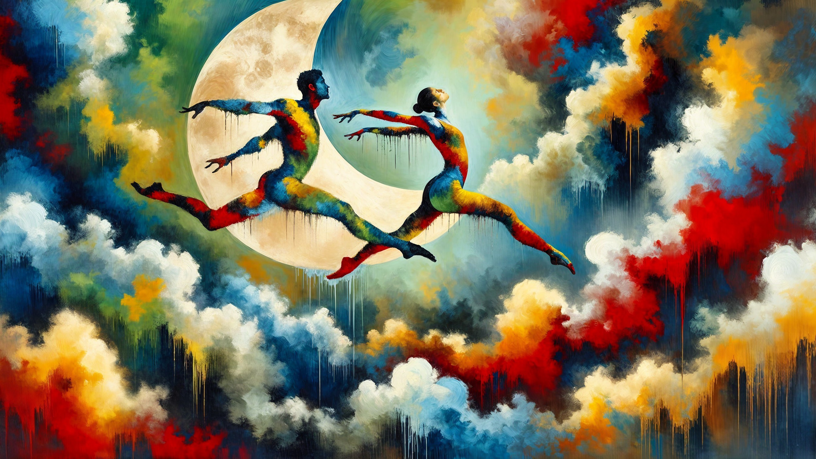 Abstract Dancers in Colorful Mid-Leap with Moonlit Sky