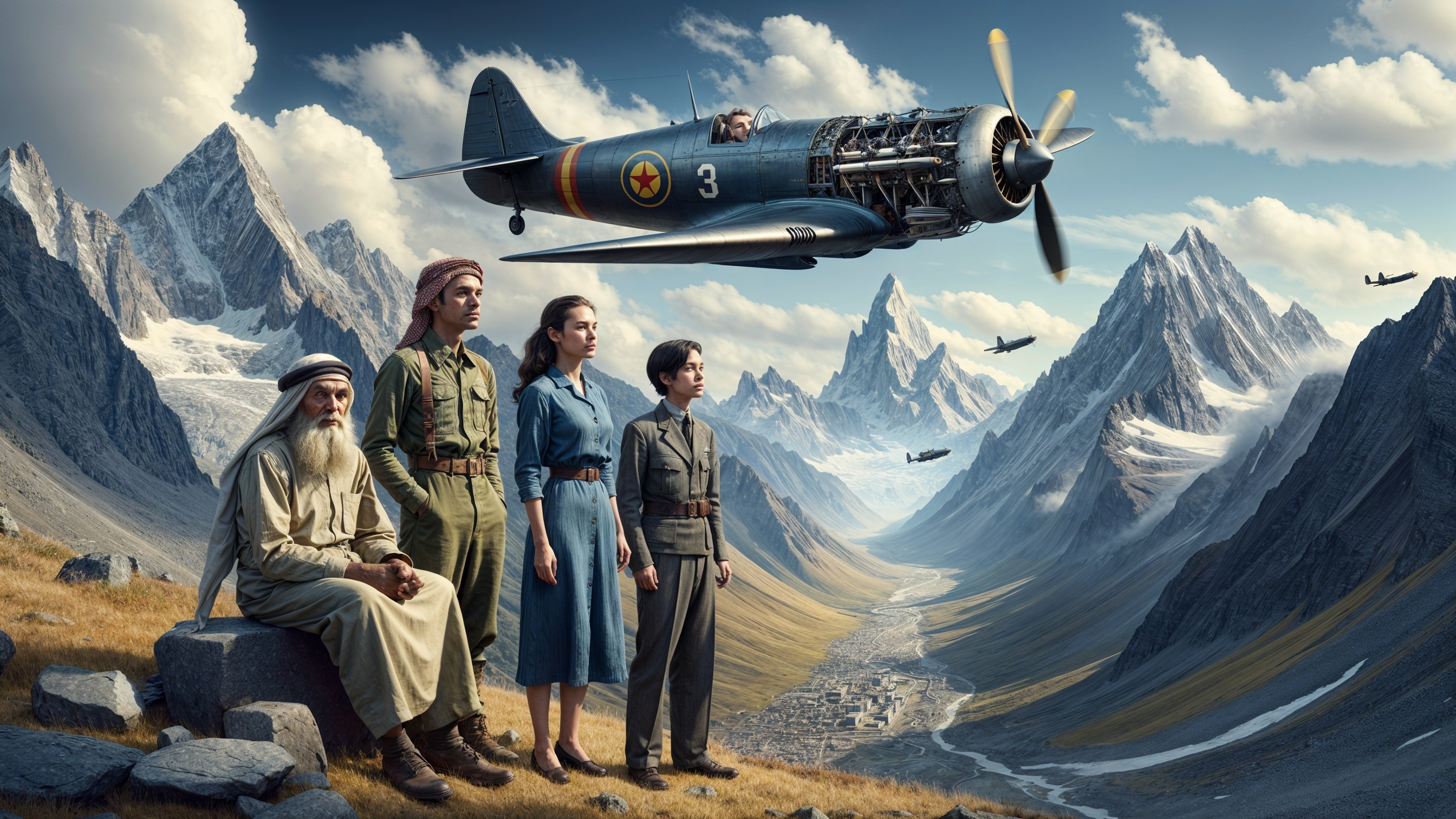 Dramatic Mountain Landscape with Figures and Aircraft