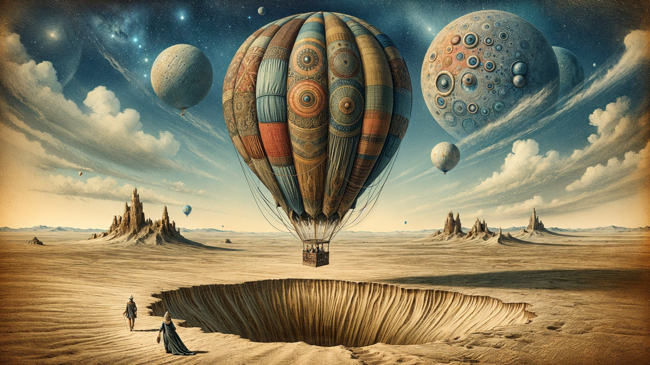 Surreal Hot Air Balloon Over Desert Chasm Landscape