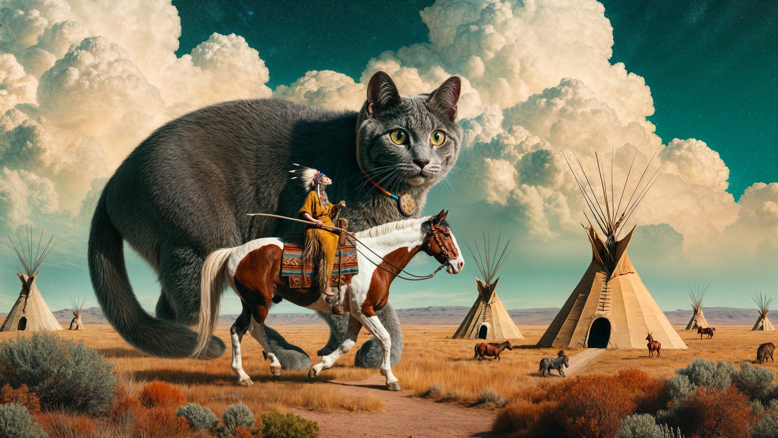 Surreal Landscape with Cat, Horse, and Teepees