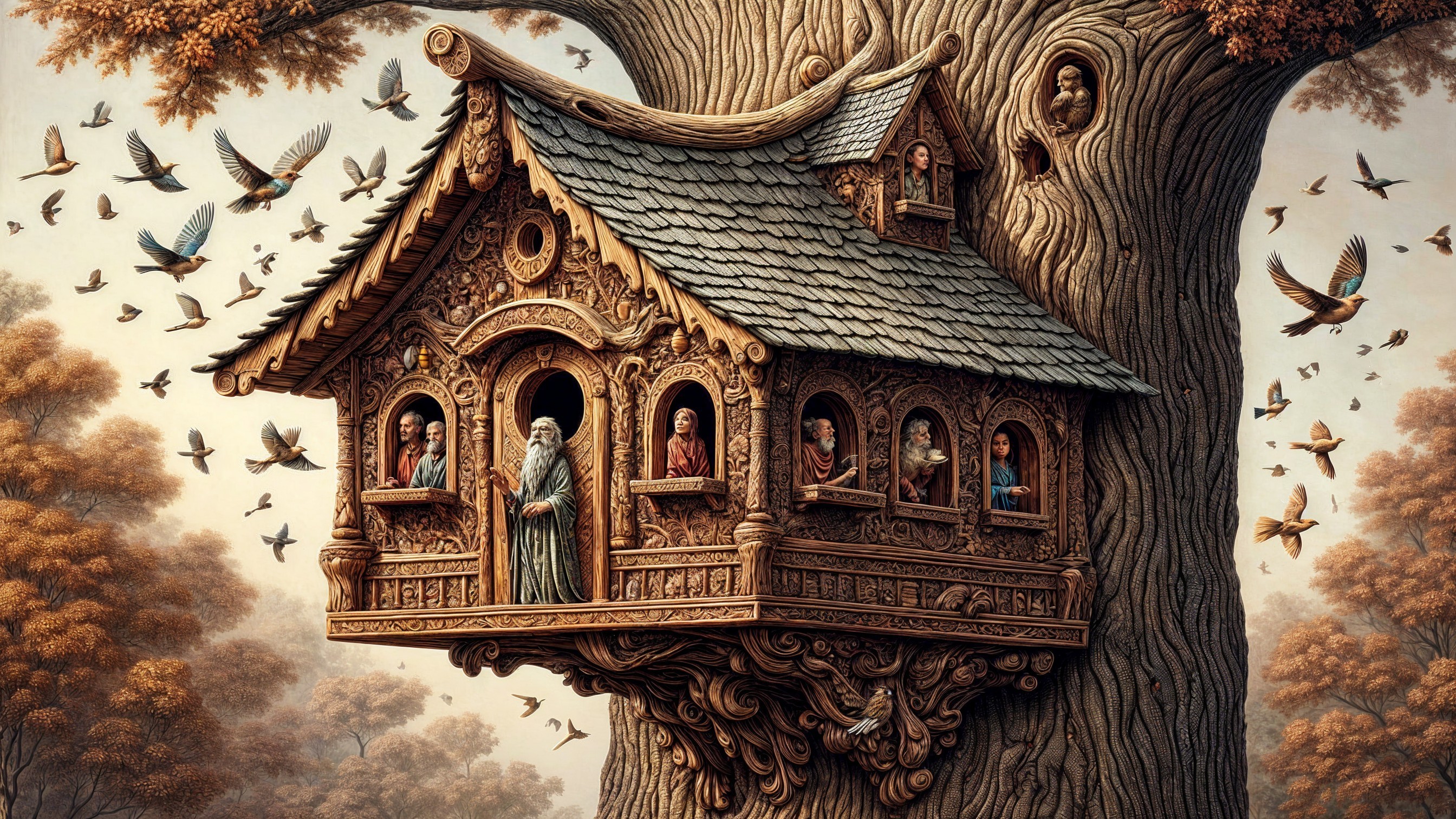 Intricately Carved Whimsical Treehouse in Nature