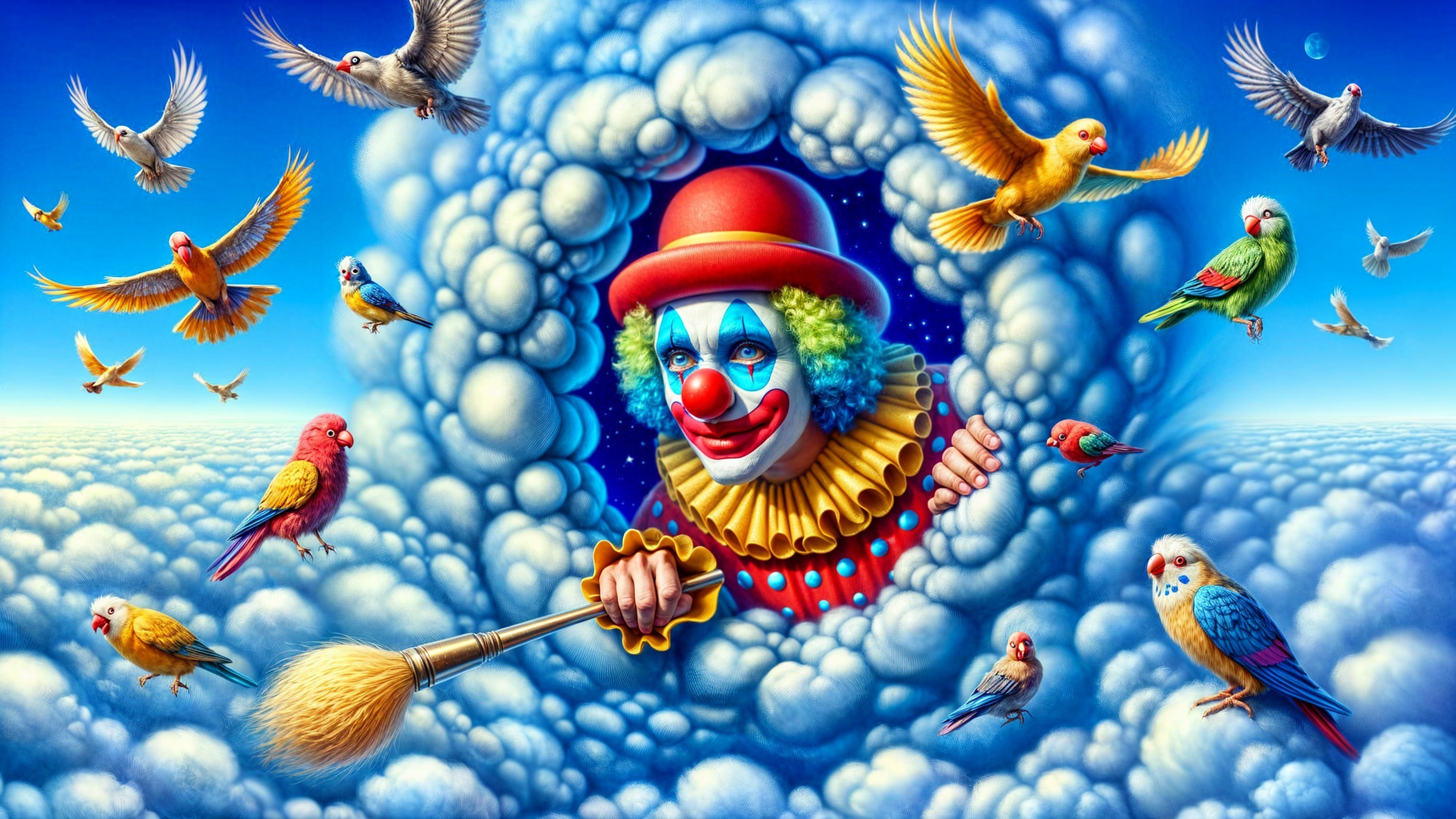 Whimsical Clown with Birds in Colorful Sky Scene