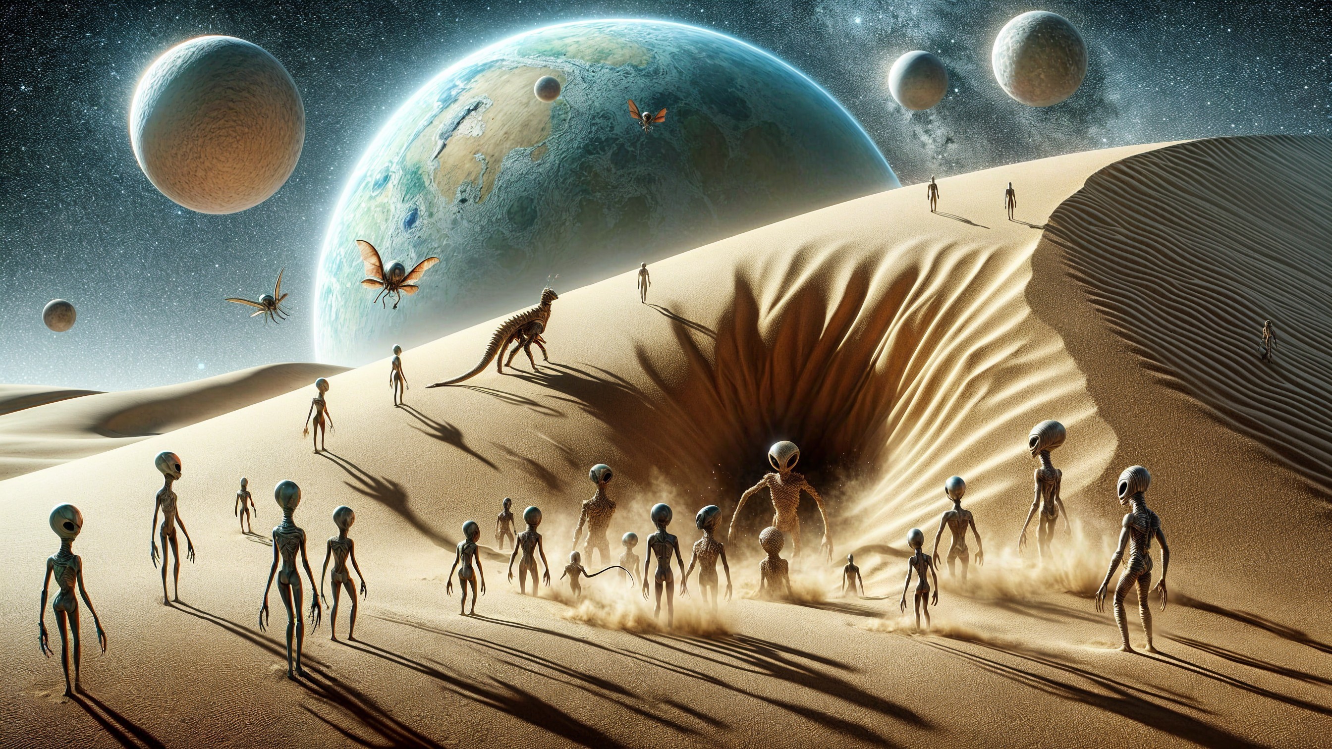 Extraterrestrial Beings in a Surreal Desert Landscape