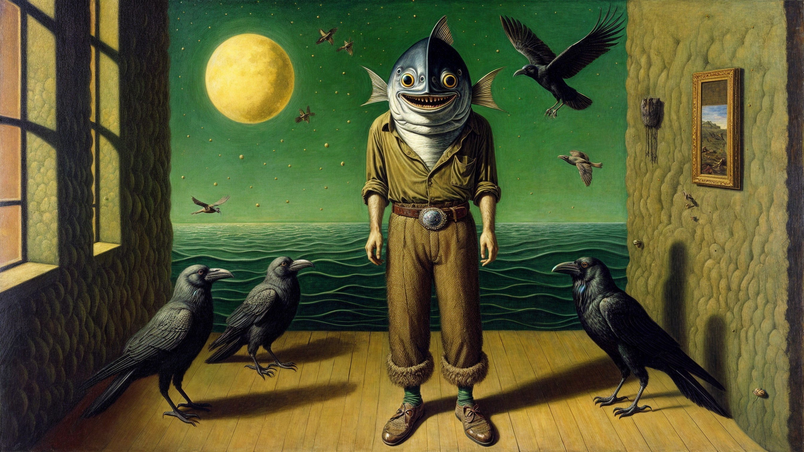 Surreal Scene of Man with Fish Head and Crows