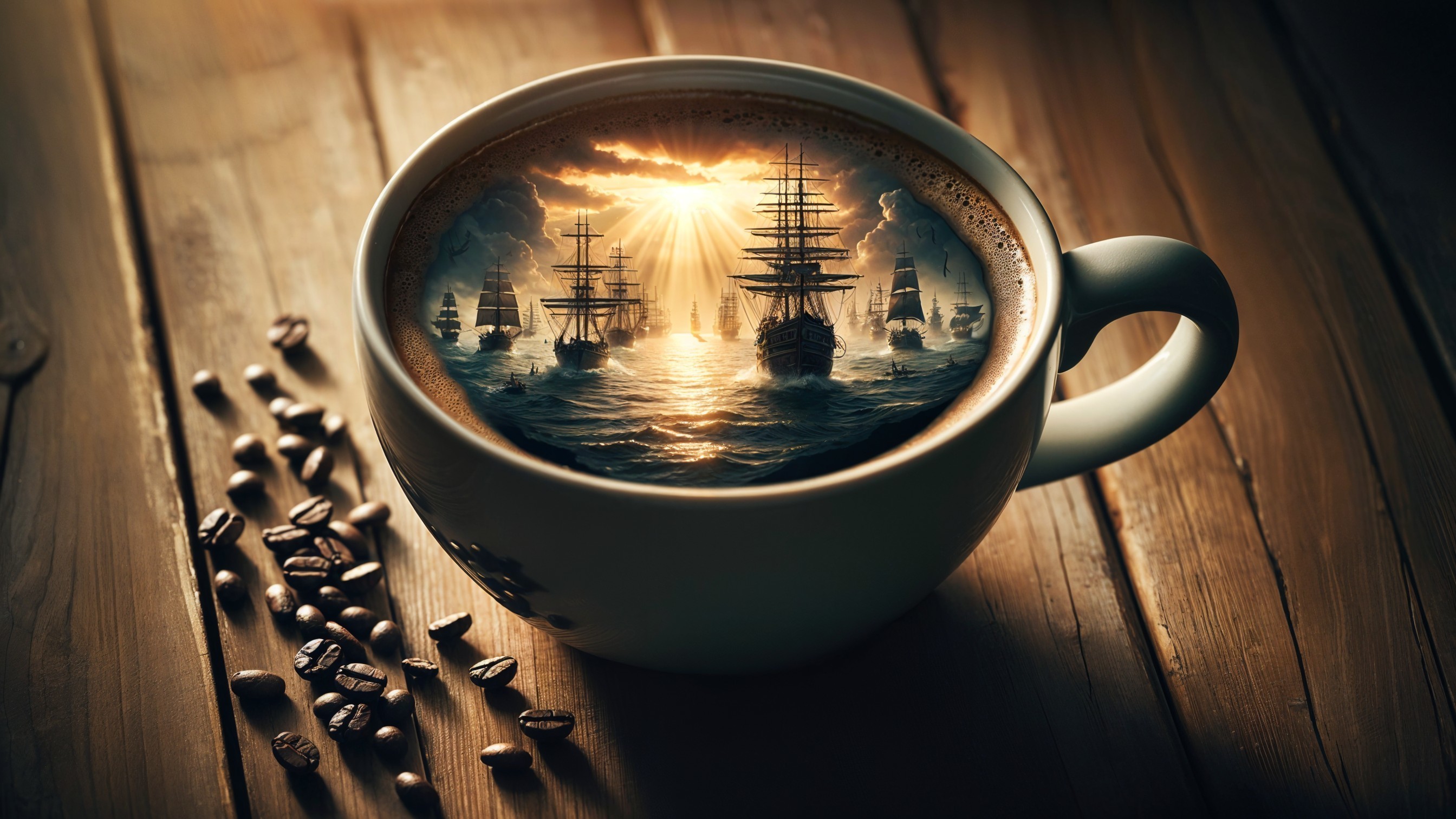 Coffee Cup with Ships and Sunset on Wooden Surface