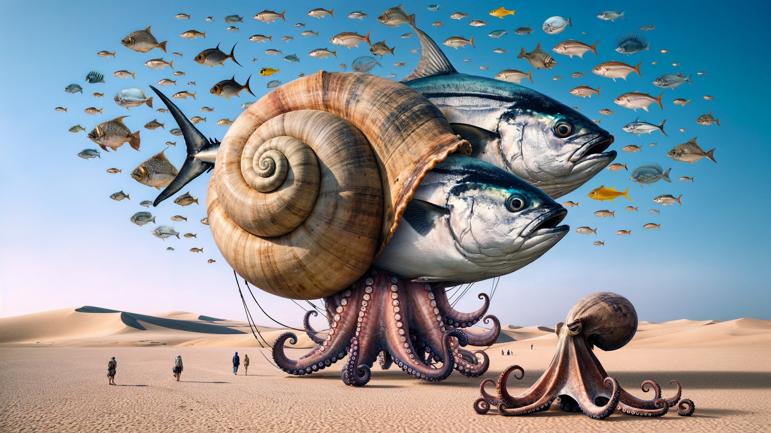 Surreal Desert Scene with Fish Heads and Snail Shell