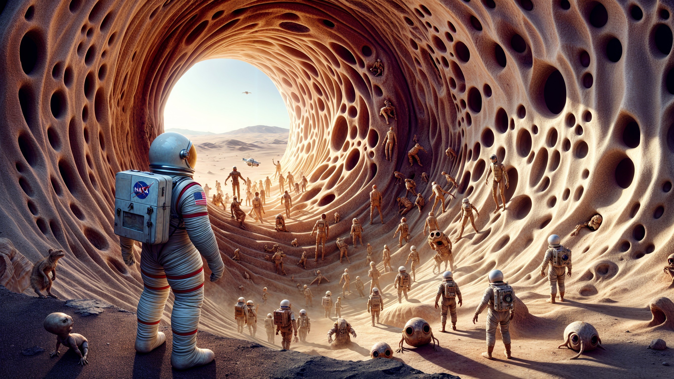 Astronaut at Honeycomb Tunnel in Surreal Desert Landscape
