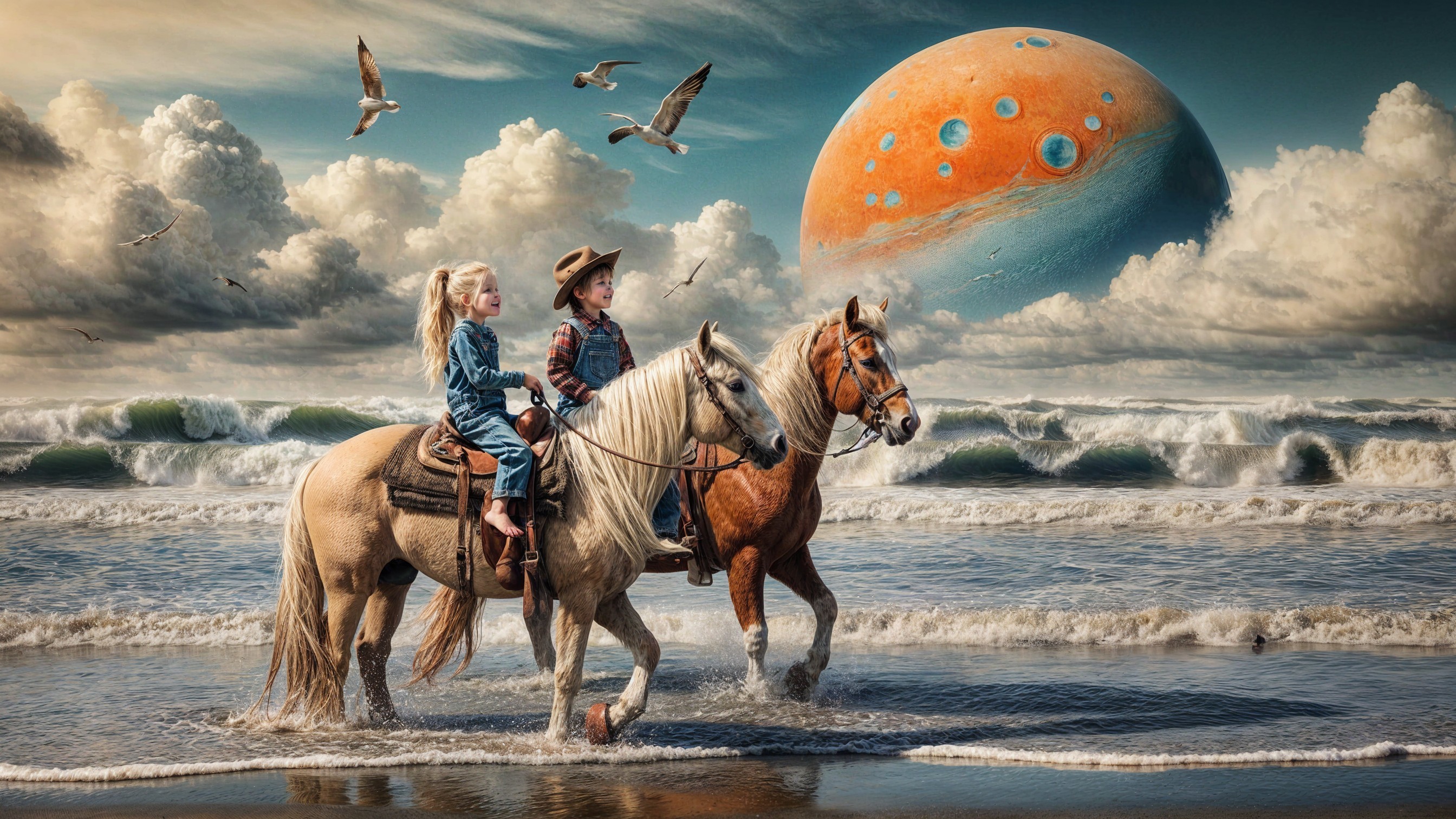 Children Riding Horses on a Beach with Dramatic Sky