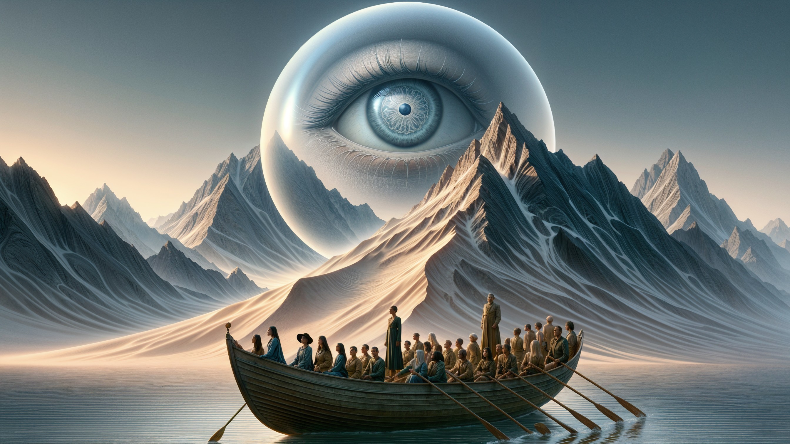Surreal Scene of Boat, Mountains, and Watchful Eye