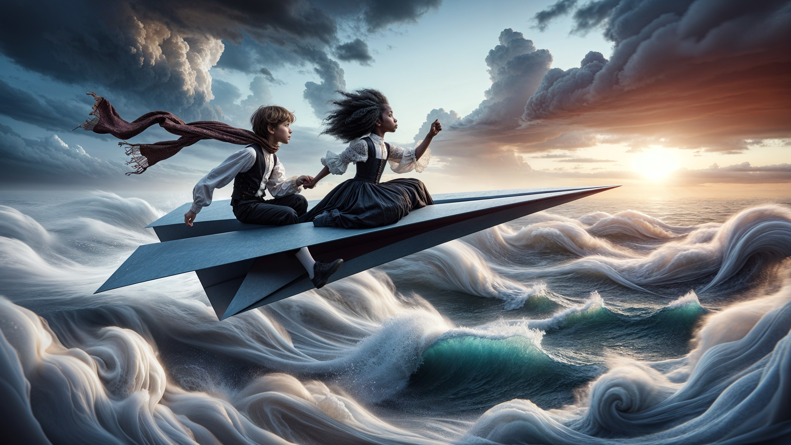 Children Riding a Giant Paper Airplane Above Ocean Waves