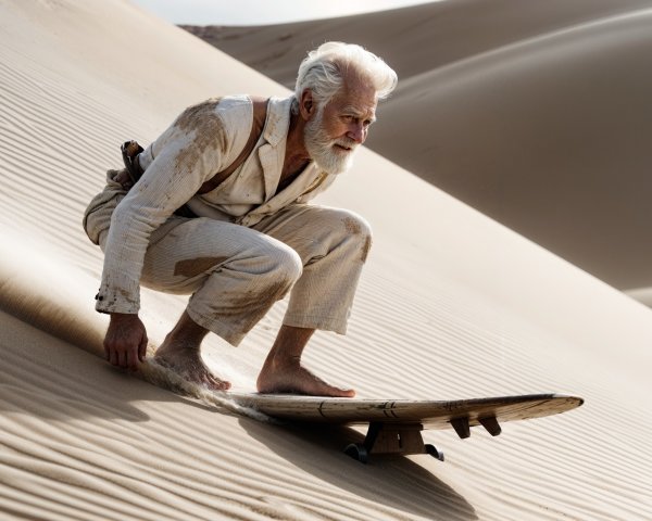 Elderly Man Balancing on Wooden Sandboard in Dunes