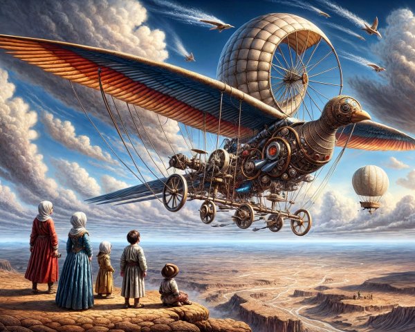 Colossal Mechanical Bird in a Whimsical Desert Scene