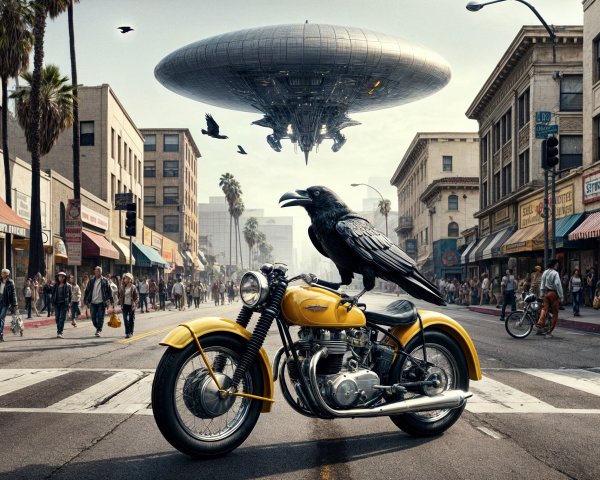 Yellow Motorcycle with Raven and UFO in City Scene
