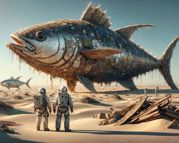 Astronauts in Surreal Desert with Metallic Fish Sculpture