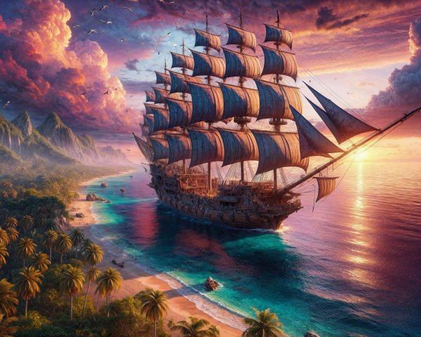 Majestic ship sailing at sunset in tropical paradise