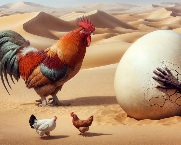 Rooster and Hand Emerging from Egg in Desert Landscape