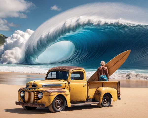 Vintage Yellow Pickup Truck at Sandy Beach with Surfer