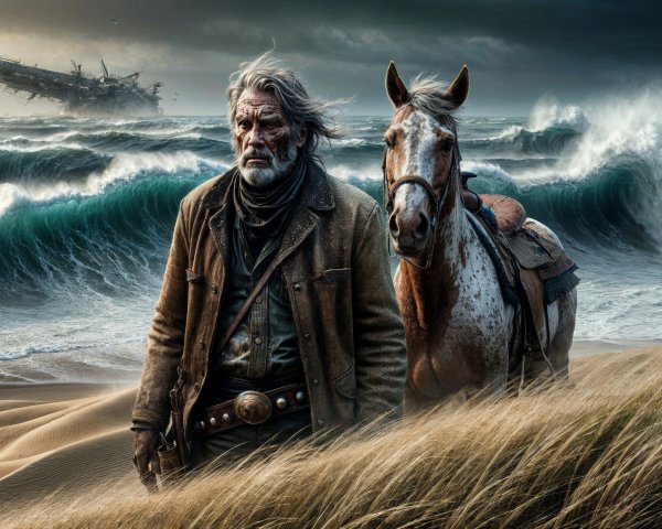 Weathered Man and Horse on Windswept Beach Scene