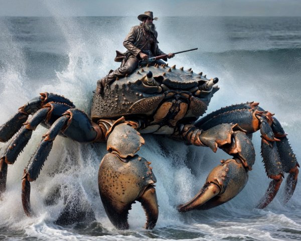 Colossal Crab with Cowboy Figure Amidst Ocean Waves