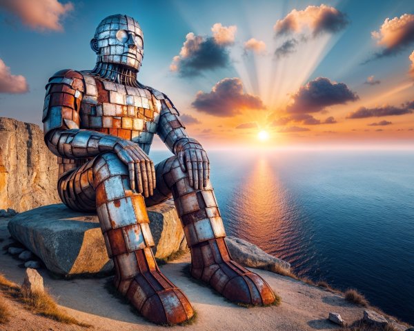 Rusty Humanoid Statue Overlooking Ocean at Sunset