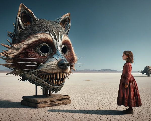 Surreal Desert Scene with Vintage Dressed Girl and Raccoon